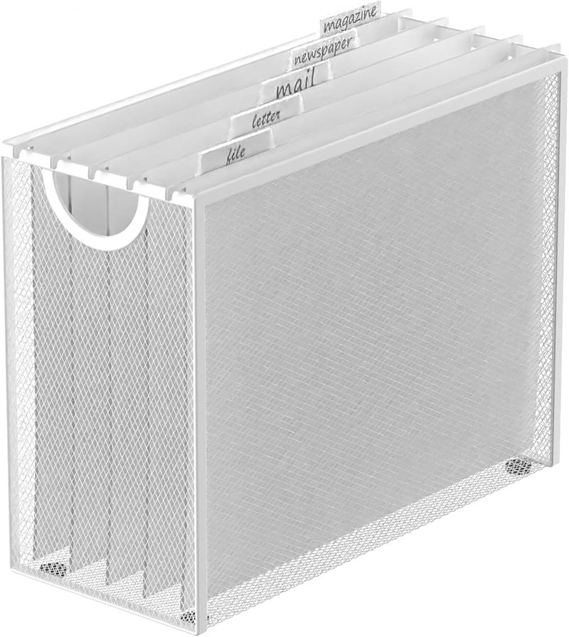 Sinboun Hanging File Organizer Letter-Size File Holder Filing Box Includes 5 Hanging Folders - Metal Mesh Magazine Letter Storage Cabinets File Cart for Office Home School, No Assembly Required White - Image 1